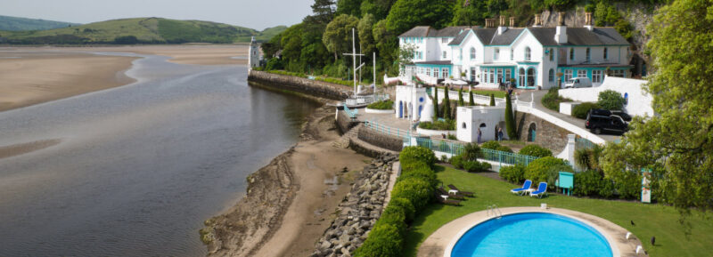 Coastline and building in the village of Portmeirion, Wales.