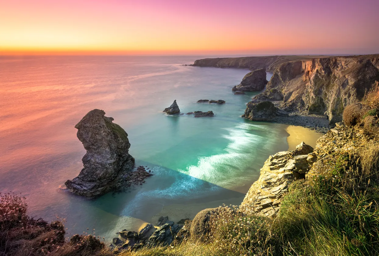 Carnewas and Bedruthan Steps is a stretch of coastline located on the north Cornish coast between Padstow and Newquay, in Cornwall, England, United Kingdom