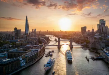 Panoramic aerial sunset view of the skyline of London